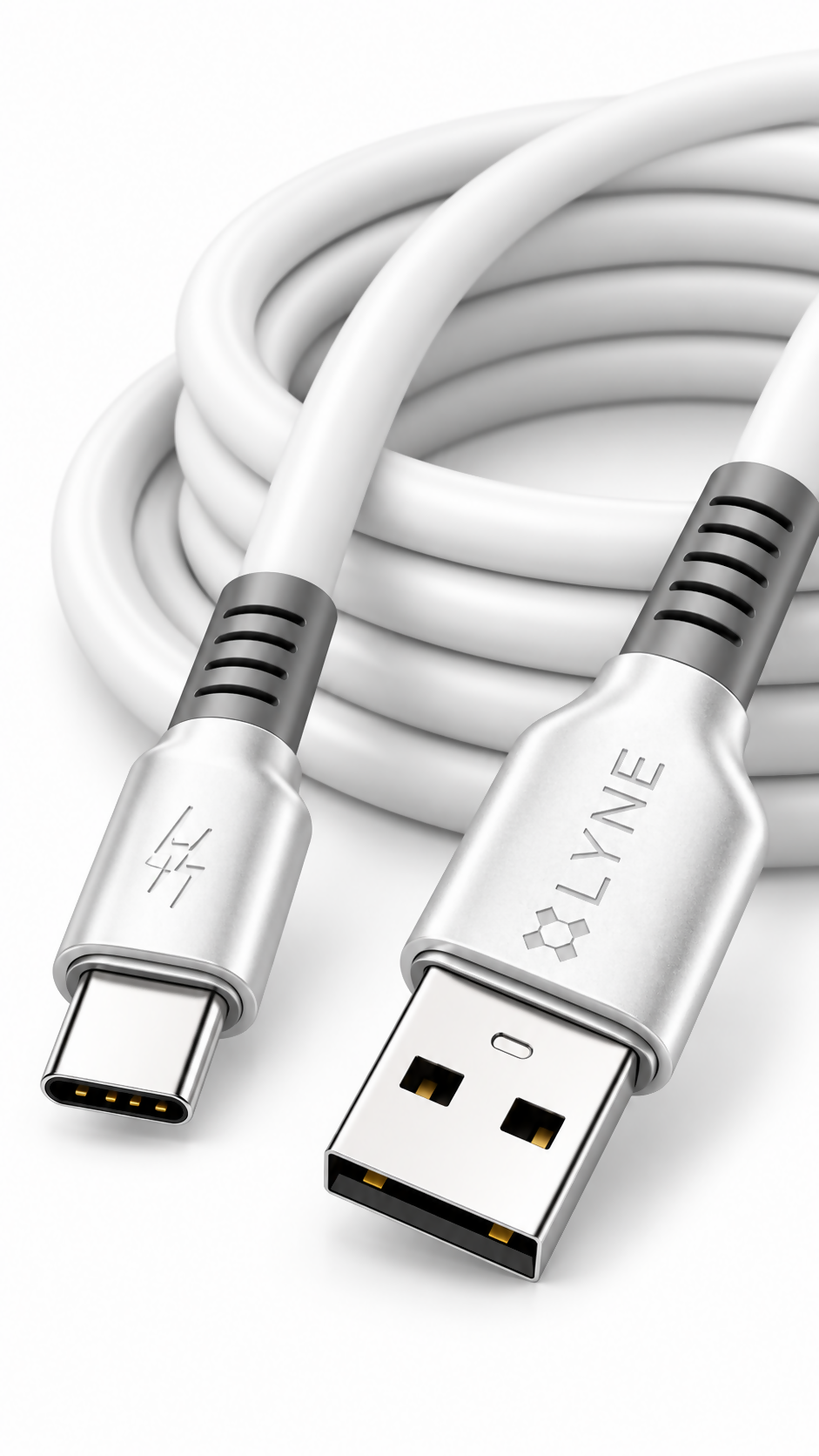 LYNE Flexy 67C Mega Series 65W USB-A to Type-C Quick Charging Data Cable – 1 Metre, White