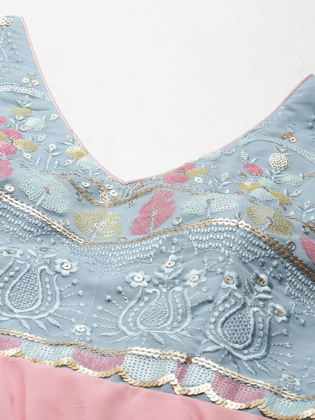 Bollywood Vogue Ready To Wear Blue Georgette Embroidered V Neck Pink Gown