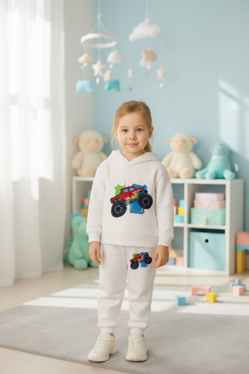 4 viller White Hooded Top & Bottom Kids Set Luck Fashion