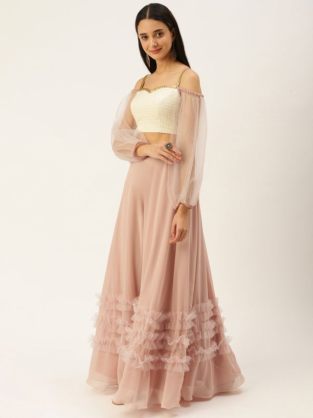Bollywood Vogue Ready To Wear Pink N White Off Shoulder Puff Sleeves Lehenga