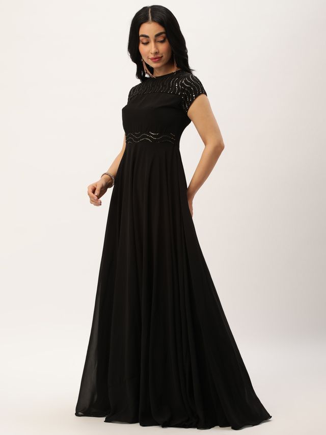 Bollywood Vogue Ready To Wear Black Georgette Embroidered Flared Gown
