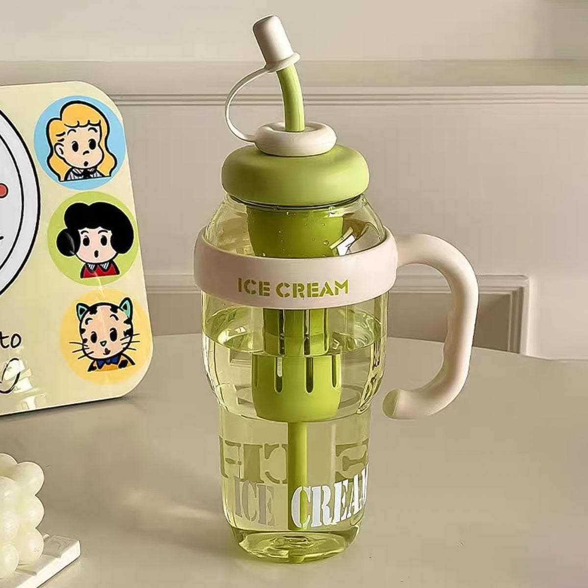 Approx 1300ml Large Capacity Cute Ice Cream Themed Water Bottle With Handle Straw Fruit Infuser Leakproof Sipper For Kids Adults