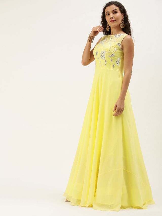 Bollywood Vogue Ready To Wear Yellow Georgette Embroidered Boat Neck Gown