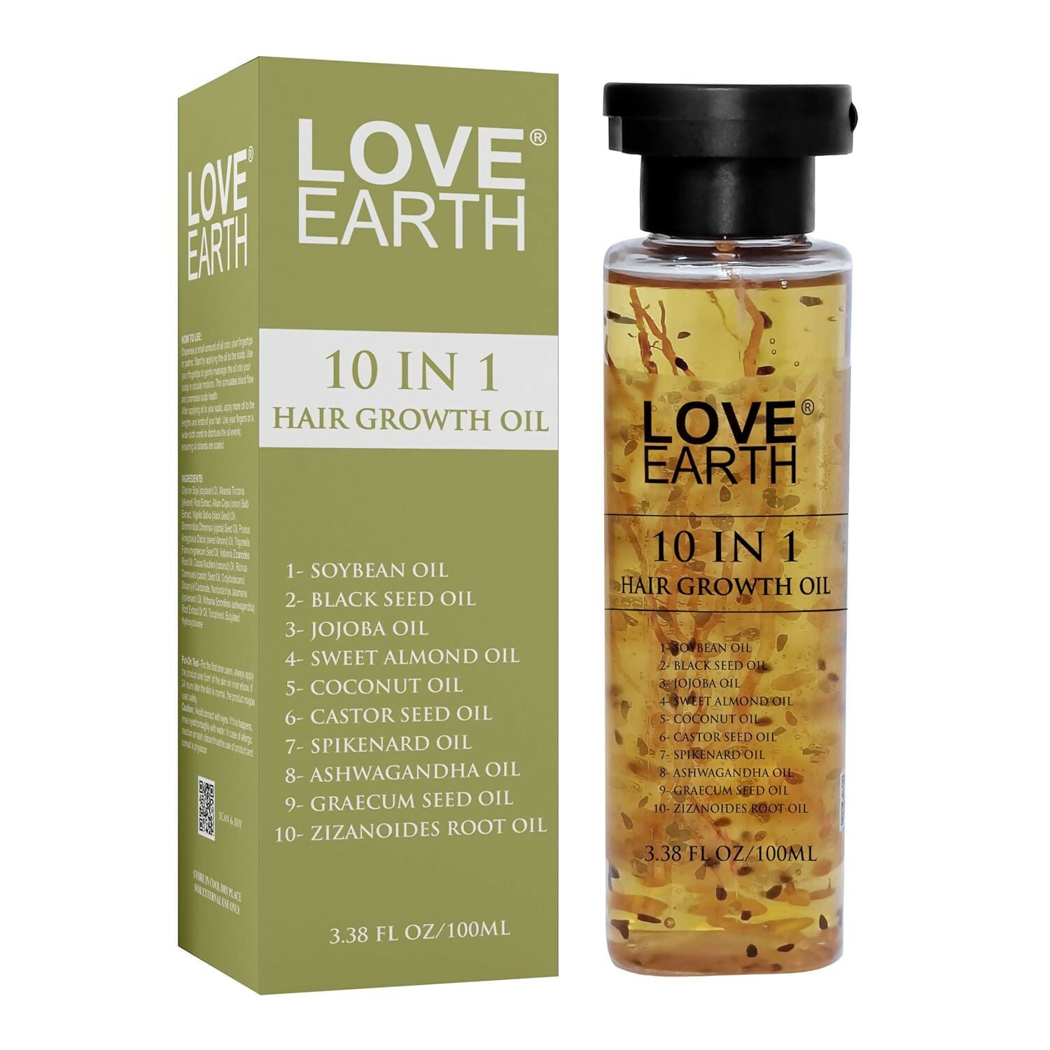 Love Earth 10 In 1 Hair Growth Oil|Soybean Oil, Black Seed Oil, Jojoba Oil, Sweet Almond Oil, Coconut Oil, Castor Seed Oil, Spikenard Oil, Ashwagandha Oil, Graecum Seed Oil, Zizanoides Root Oil 100ml