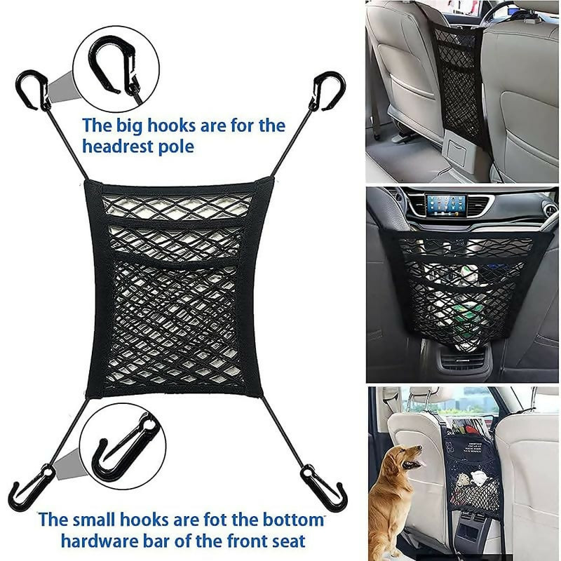 Stretchable 3-Layer Car Net Organizer for Seat Back, Mesh Barrier for Pets and Kids, Handbag Purse Holder Between Seats, Car Storage Pouch for Driver with Tissue and Wallet Storage Net