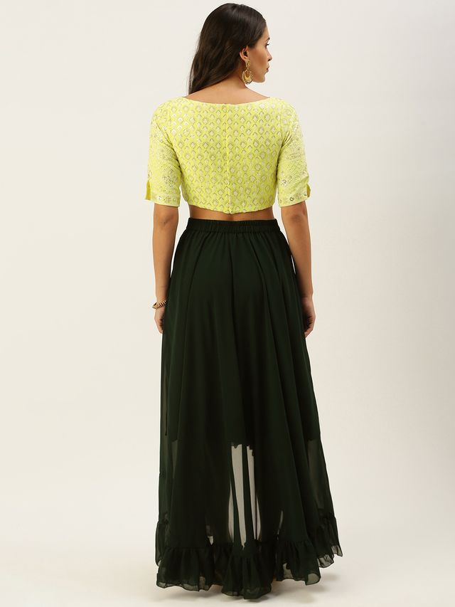 Bollywood Vogue Ready To Wear Lemon Yellow Embroidered Crop Top N Skirt