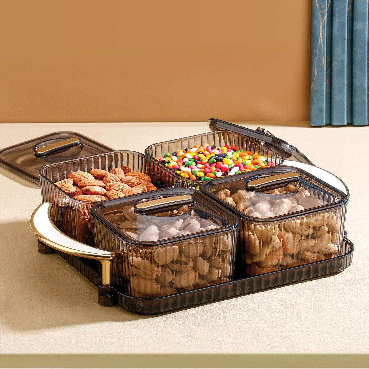 Luxury Delight 4-Piece Dryfruit Storage Box with Premium Golden Handle Tray (1 Set) HP DD