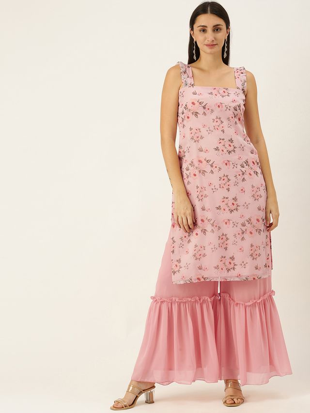Bollywood Vogue Ready To Wear Pink Digital Printed Organza Kurta Set