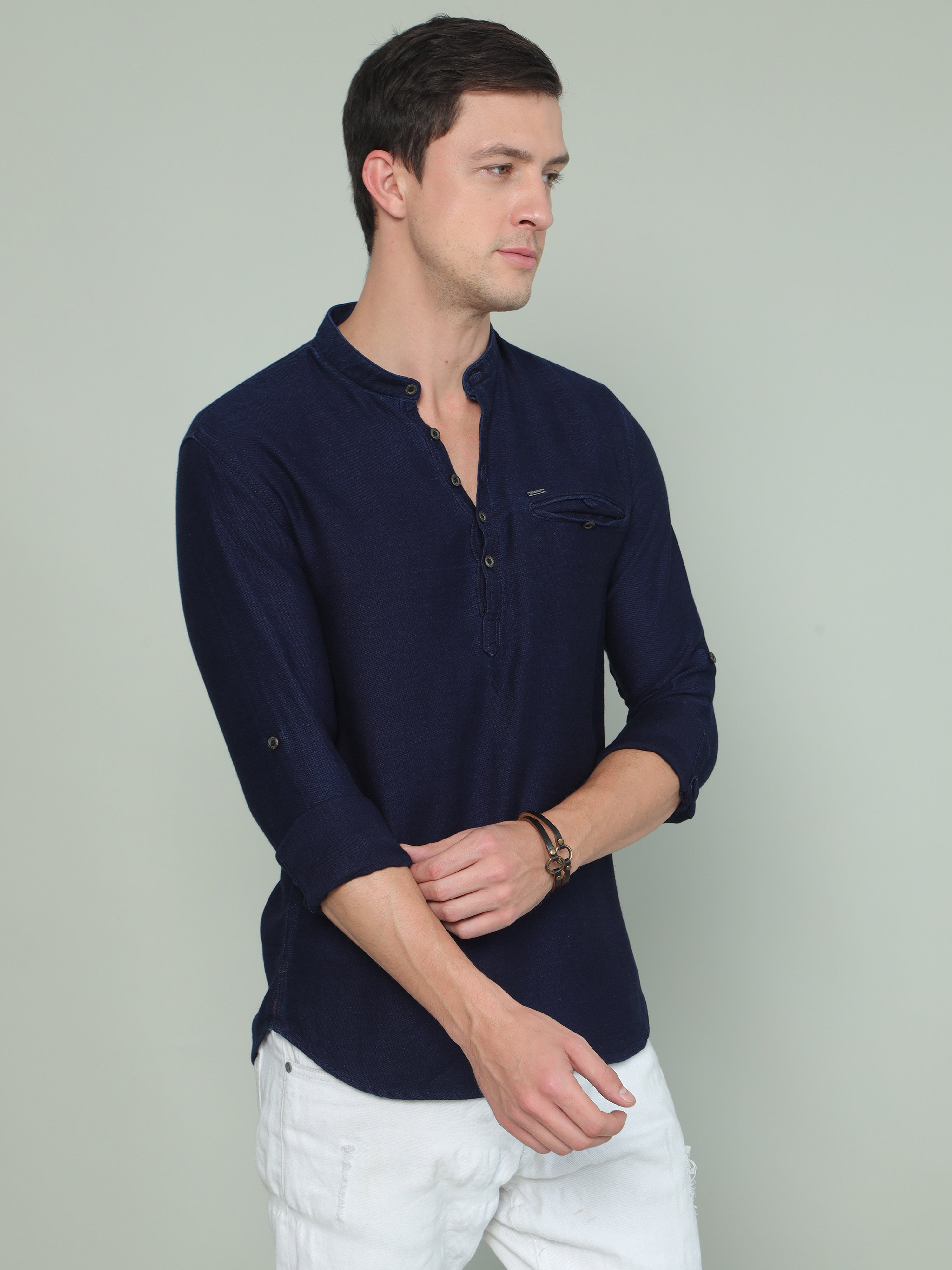 Men's Blue Slim Fit Solid Full Sleeves Casual Kurta Shirt