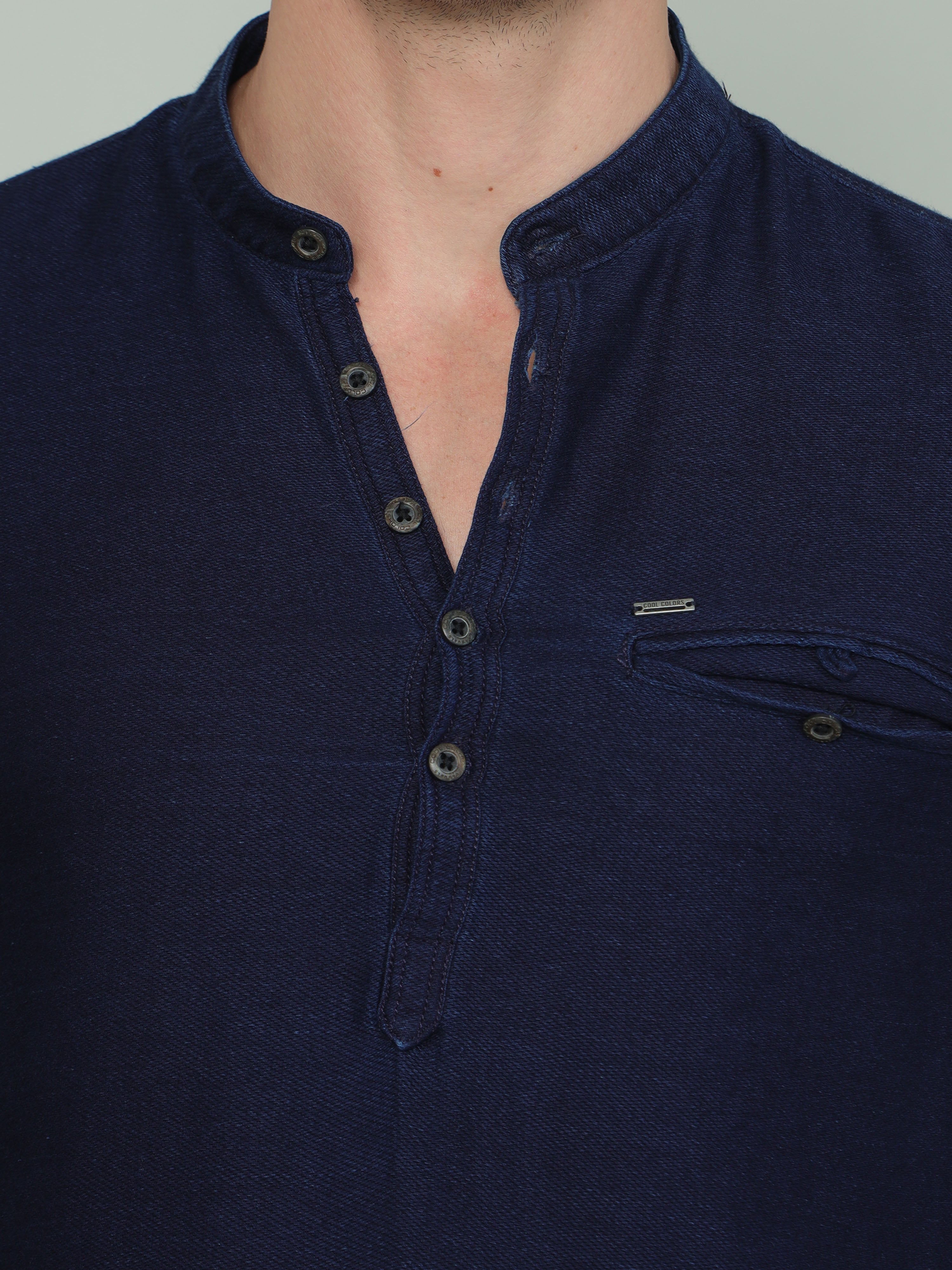 Men's Blue Slim Fit Solid Full Sleeves Casual Kurta Shirt
