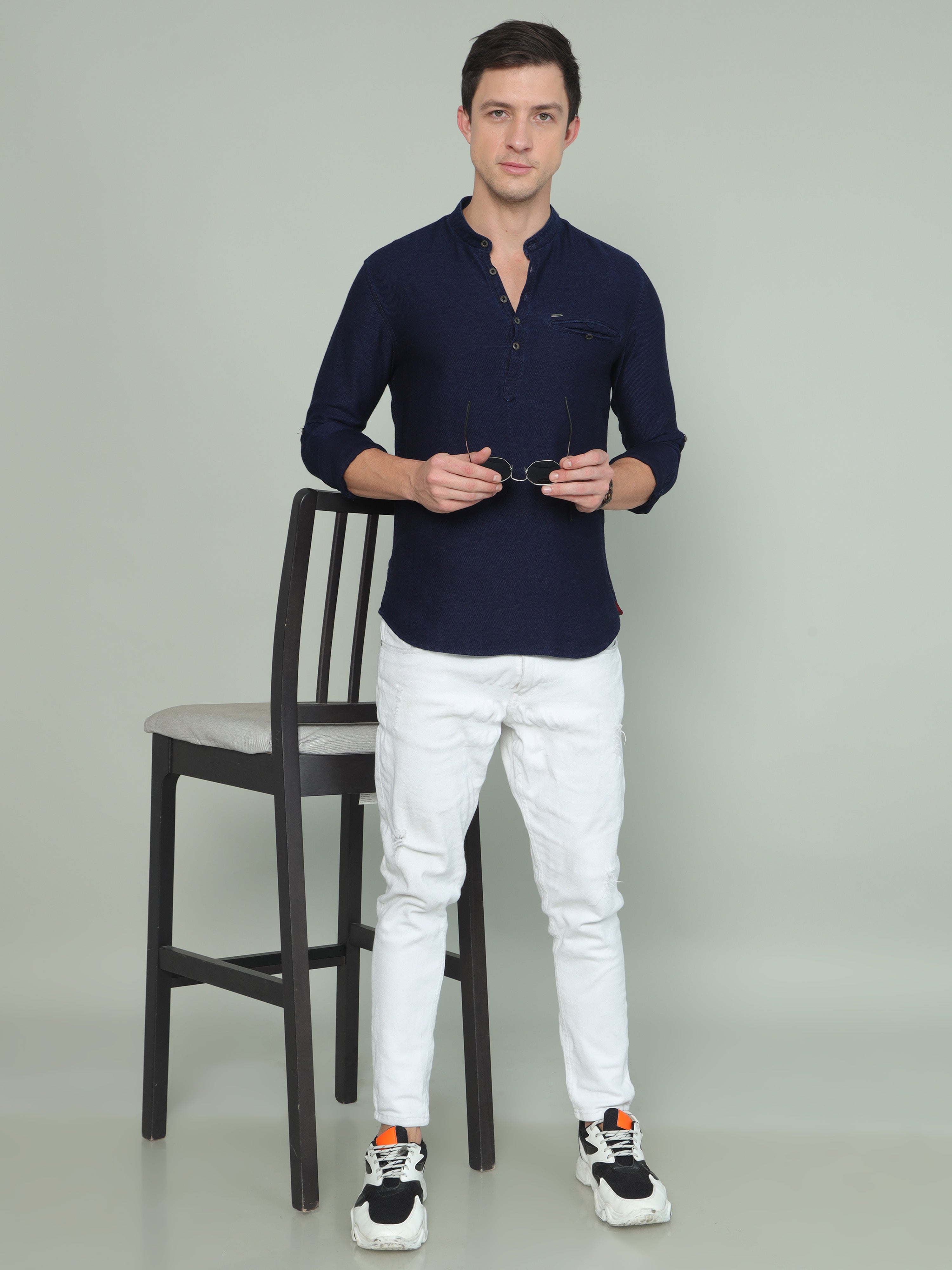 Men's Blue Slim Fit Solid Full Sleeves Casual Kurta Shirt