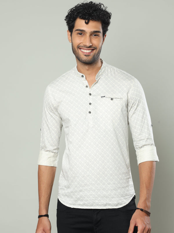 Men's Cream Slim Fit Full Sleeve Printed Casual Kurta Shirts