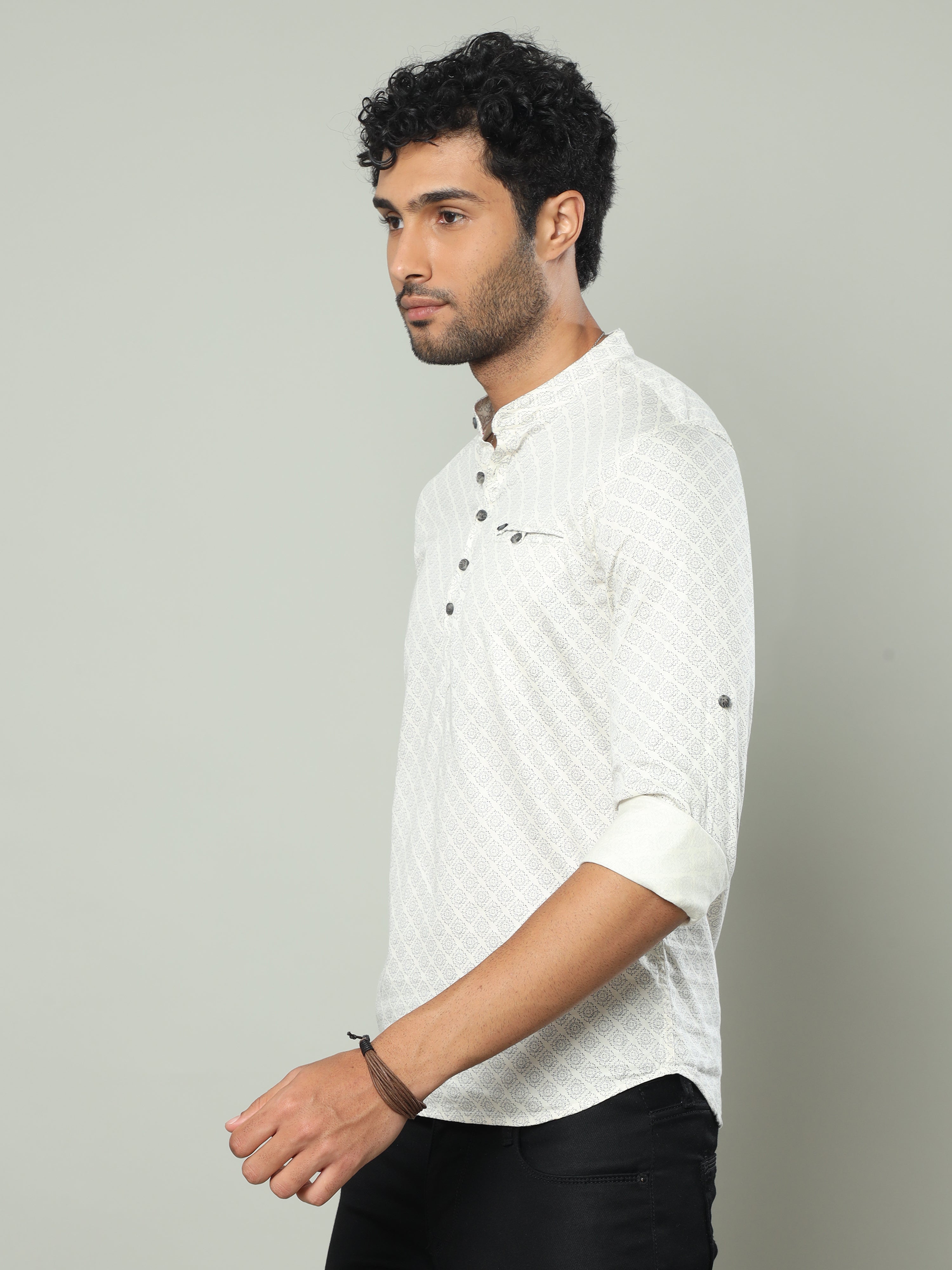 Men's Cream Slim Fit Full Sleeve Printed Casual Kurta Shirts