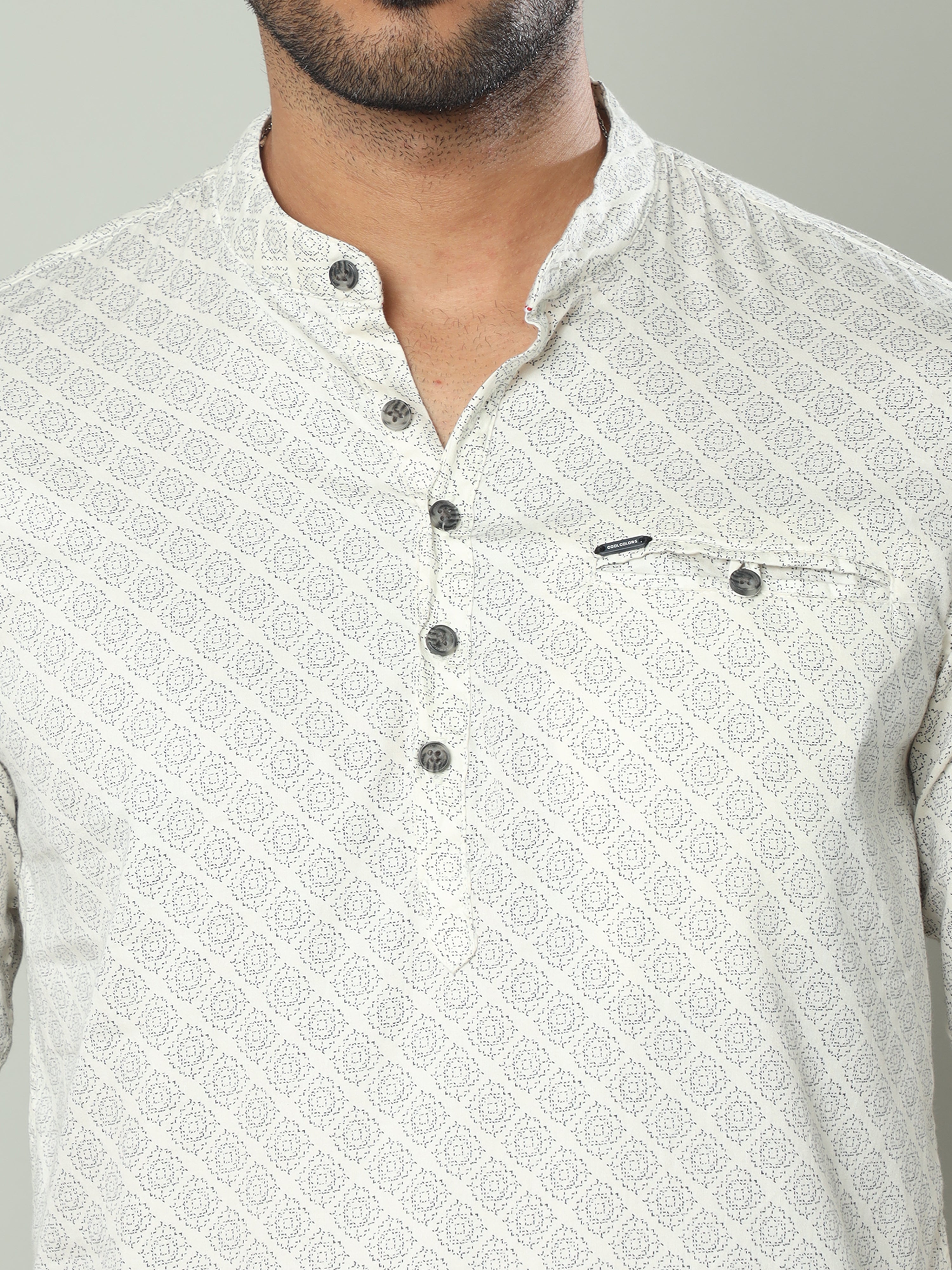 Men's Cream Slim Fit Full Sleeve Printed Casual Kurta Shirts