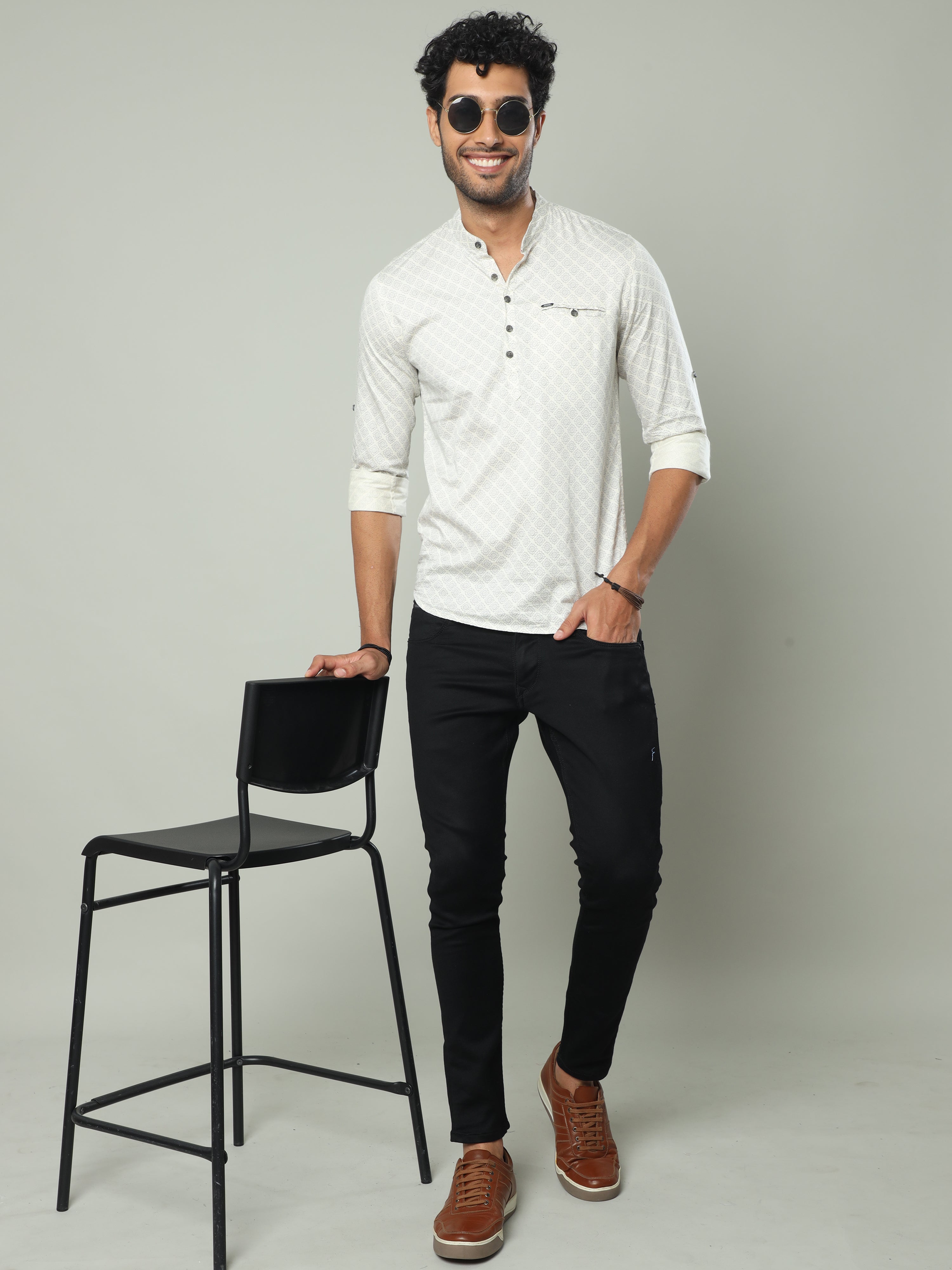 Men's Cream Slim Fit Full Sleeve Printed Casual Kurta Shirts