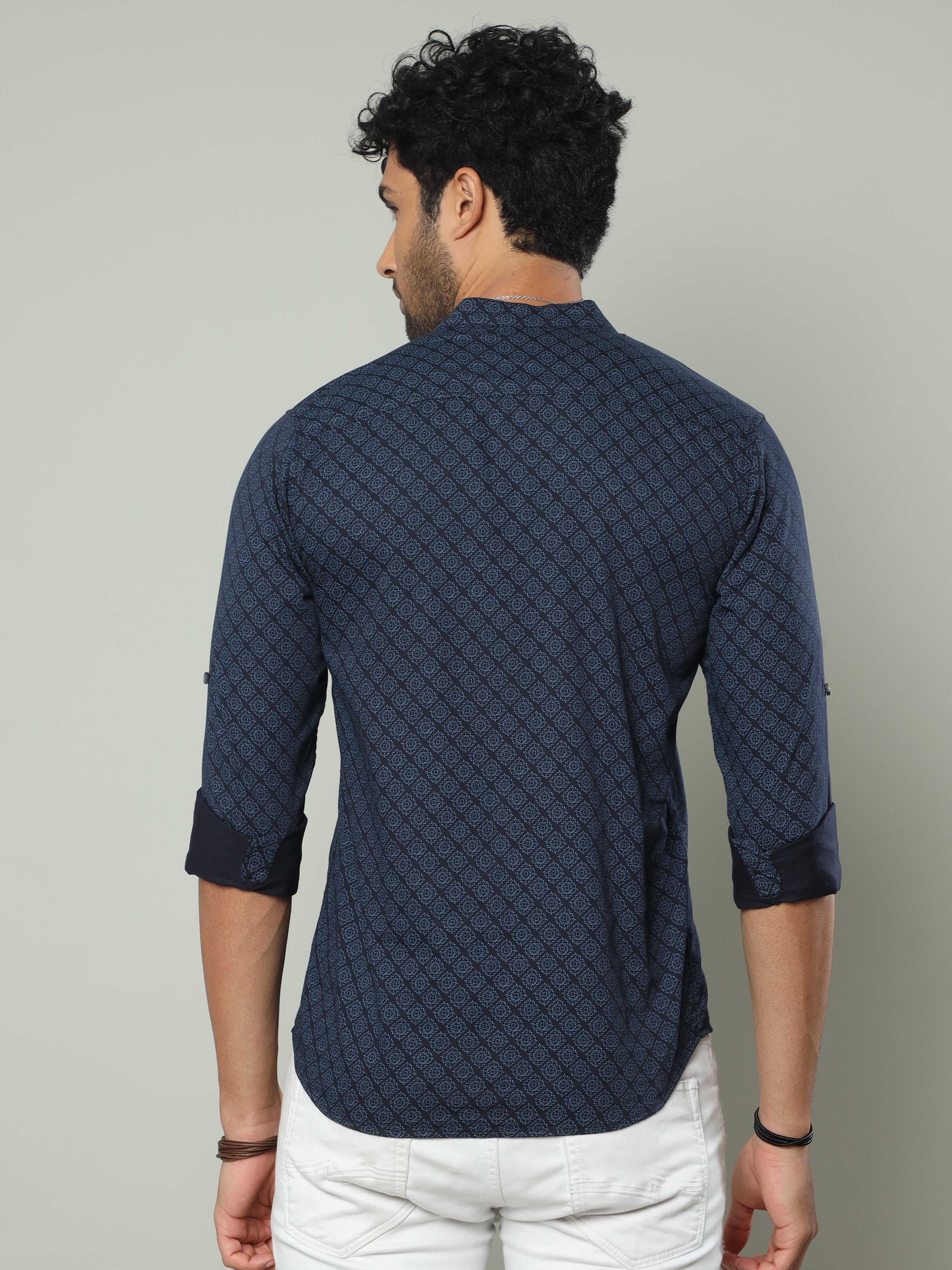 Men's Blue Slim Fit Printed Full Sleeves Casual Kurta Shirts