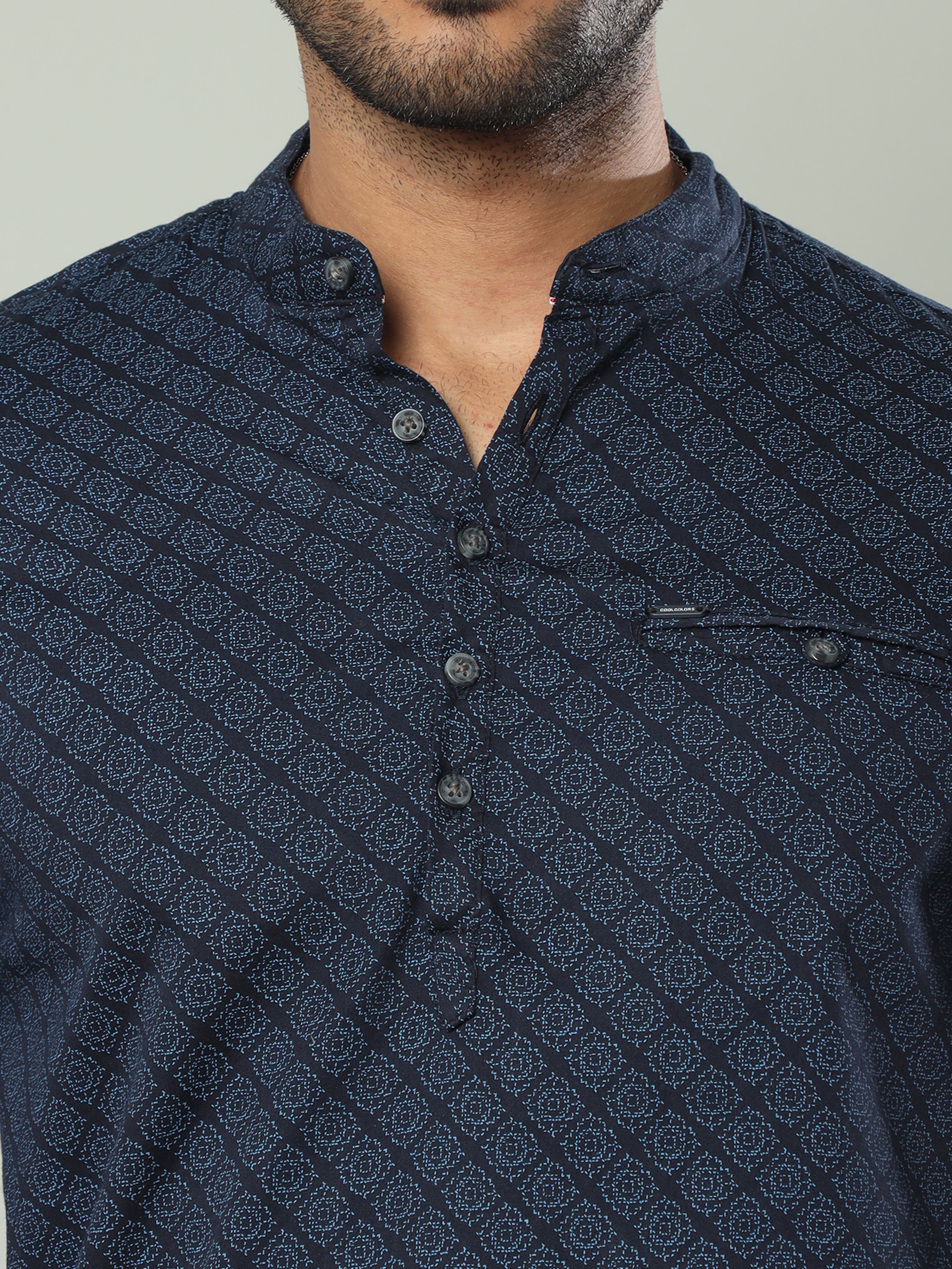 Men's Blue Slim Fit Printed Full Sleeves Casual Kurta Shirts