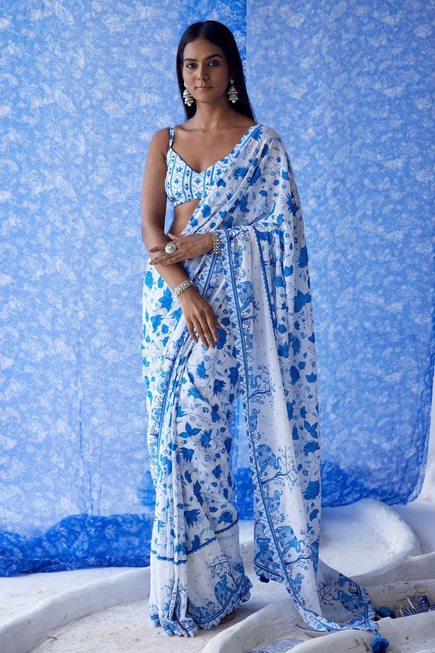Georgette Saree With Printed Georgette Unstitched Blouse