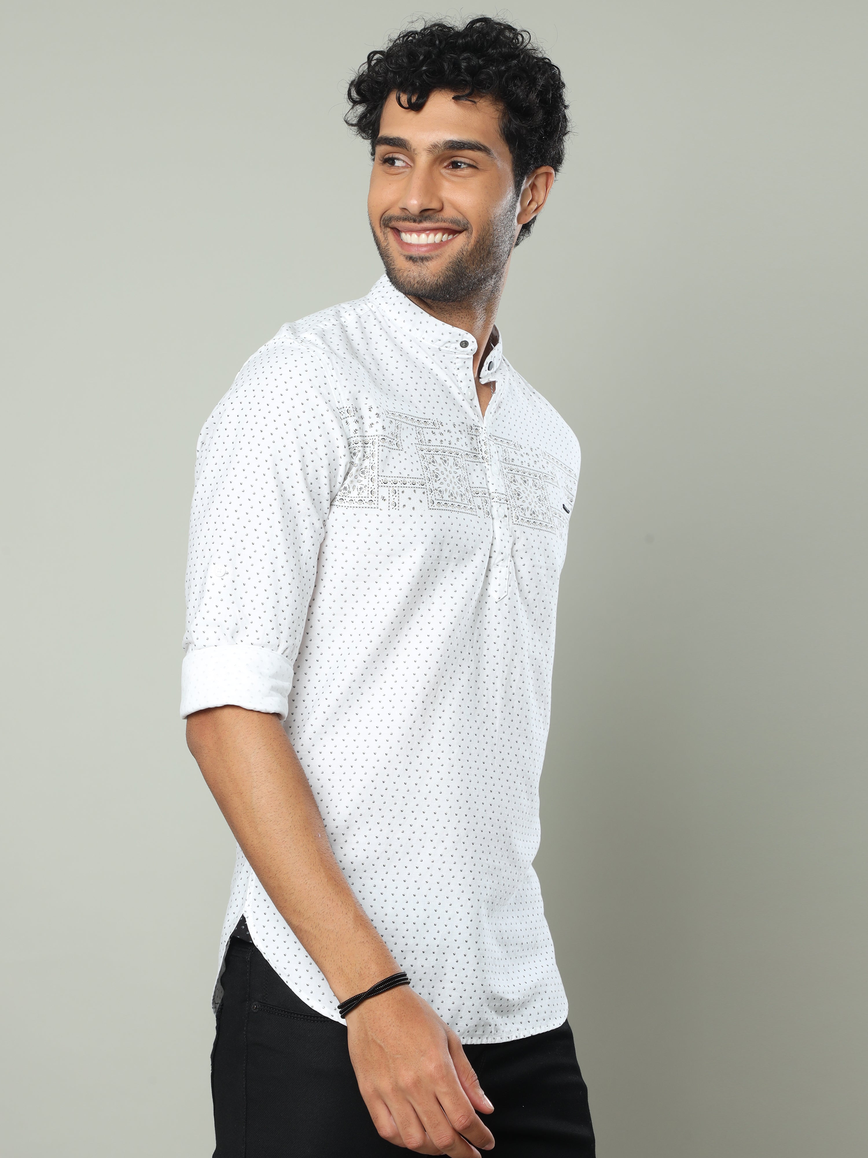Men's White Slim Fit Printed Full Sleeve Casual Kurta Shirts