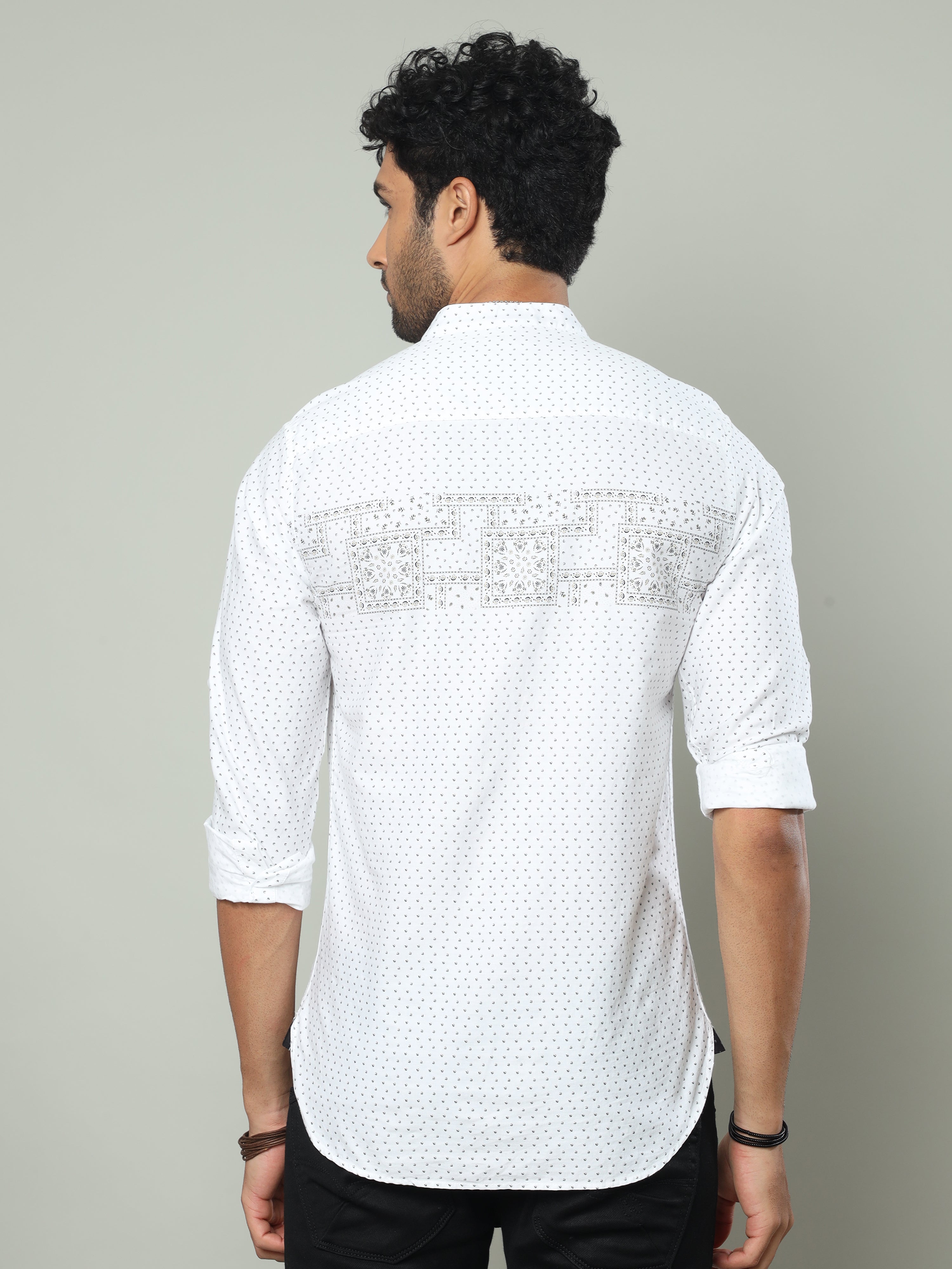 Men's White Slim Fit Printed Full Sleeve Casual Kurta Shirts