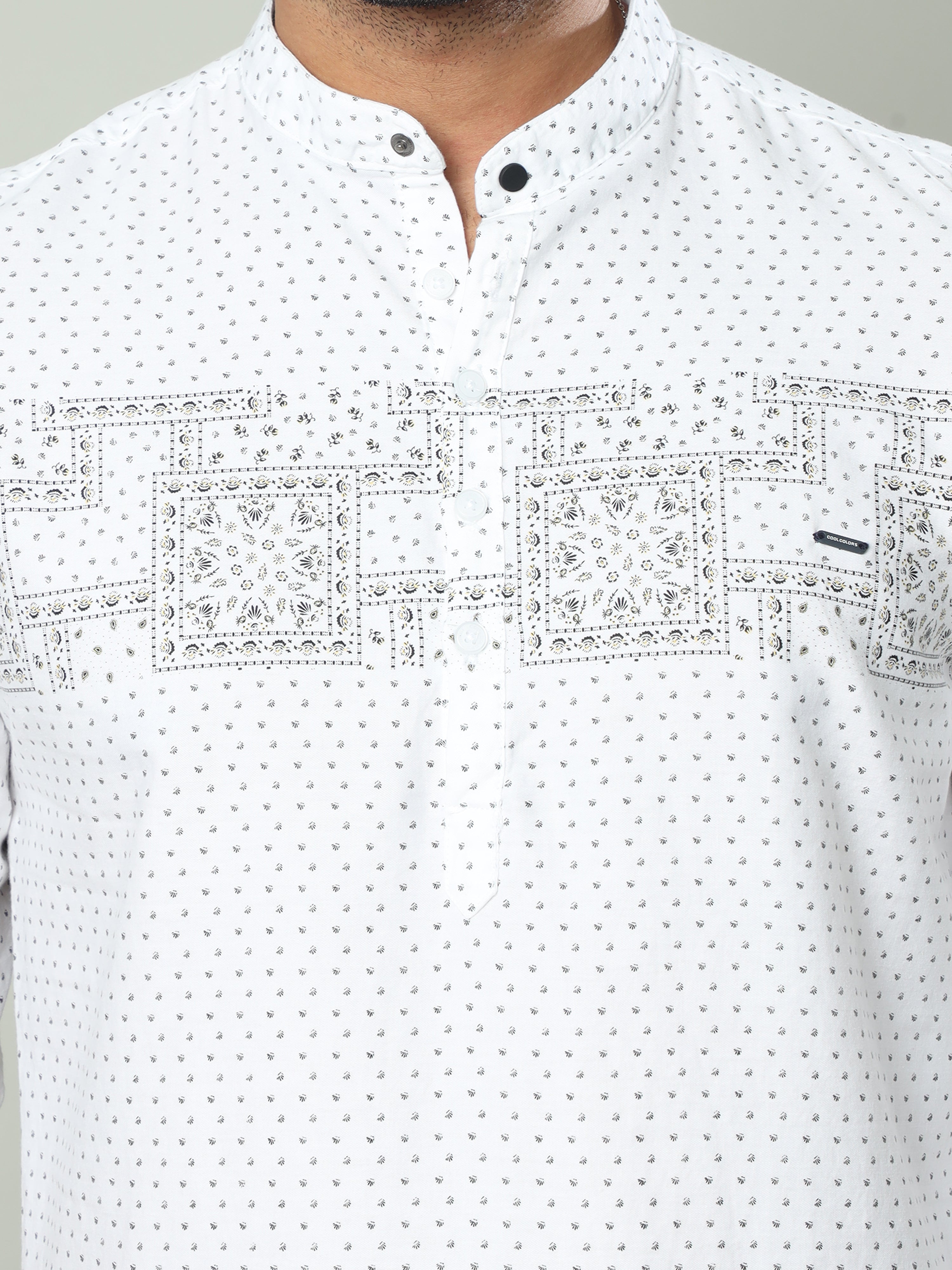 Men's White Slim Fit Printed Full Sleeve Casual Kurta Shirts