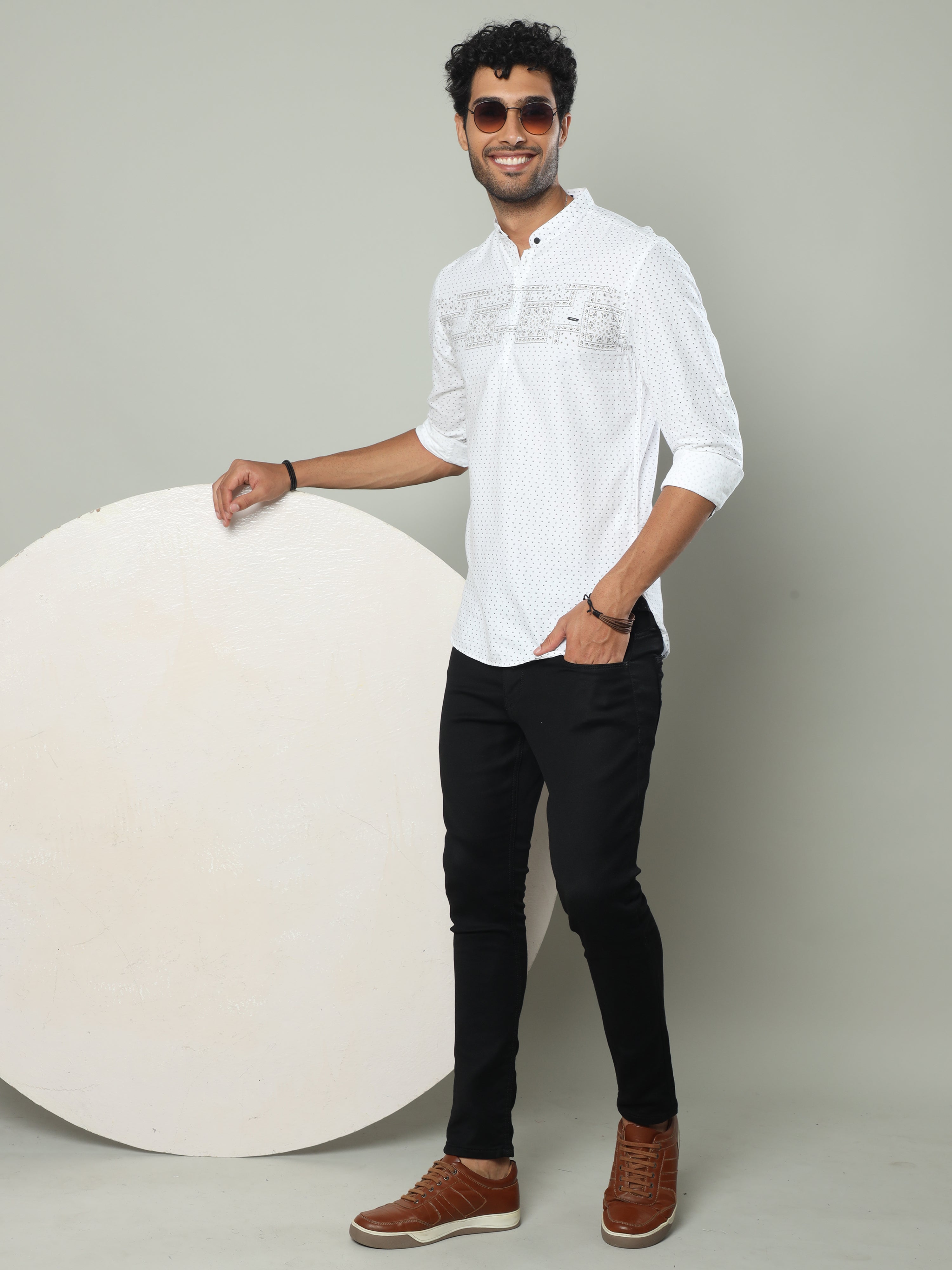 Men's White Slim Fit Printed Full Sleeve Casual Kurta Shirts
