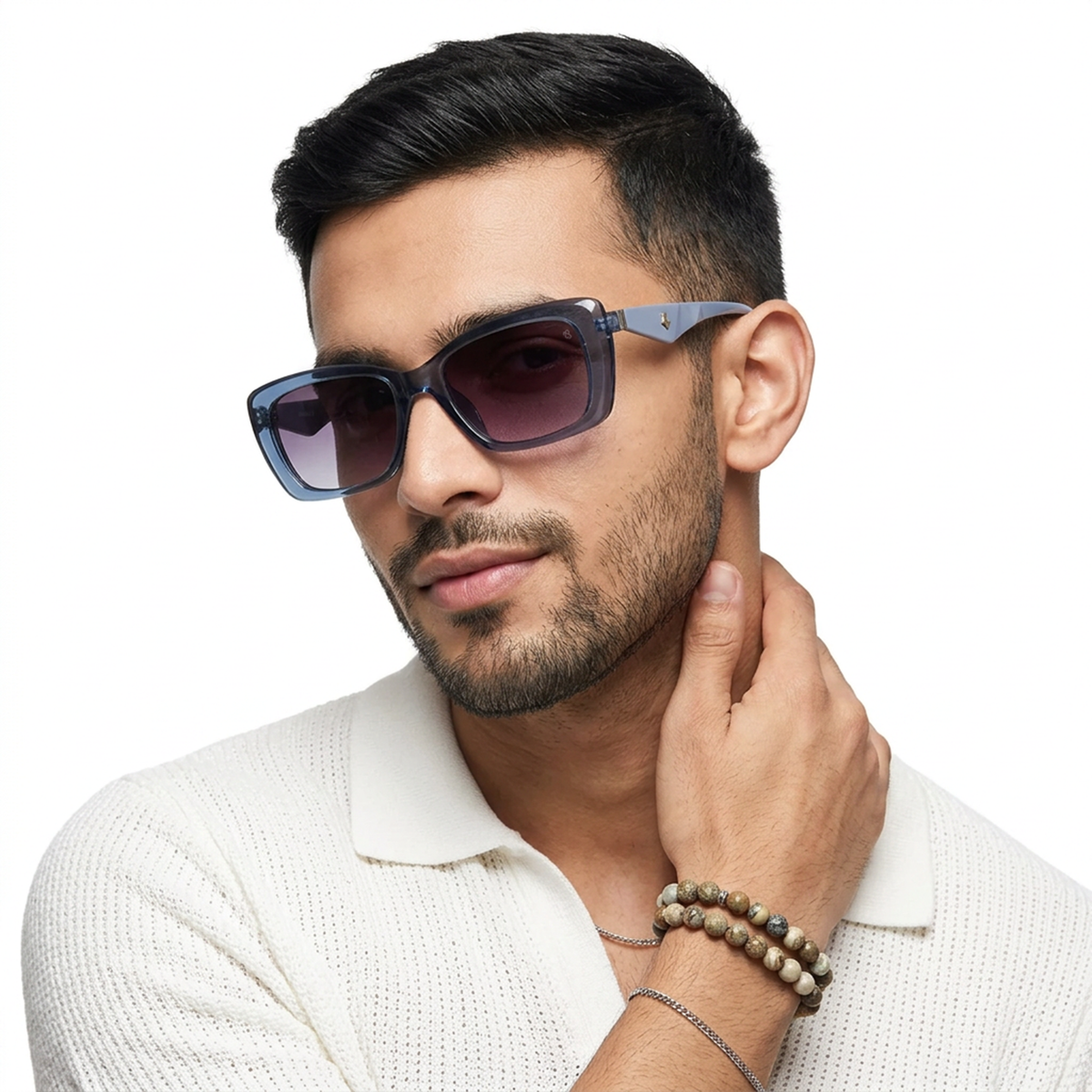 Eyejack Blue Rectangle Sunglasses for Men and Women - worn by a male model (image 1)