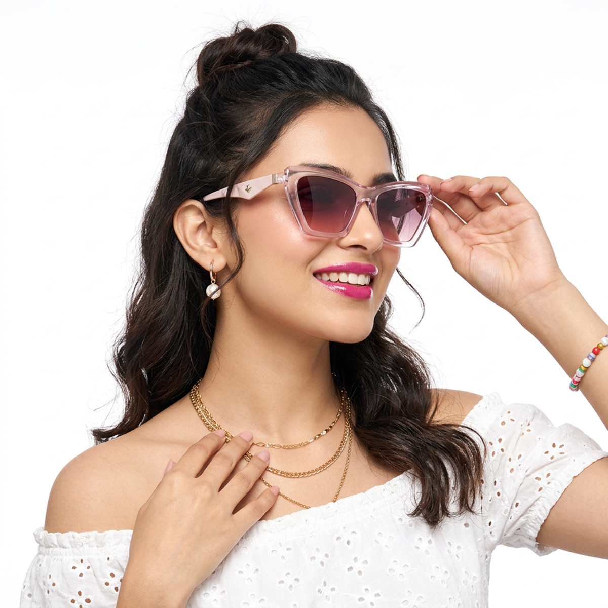 Eyejack Pink Cateye Sunglasses for Men and Women - Style L851 - worn by a male model (image 1)