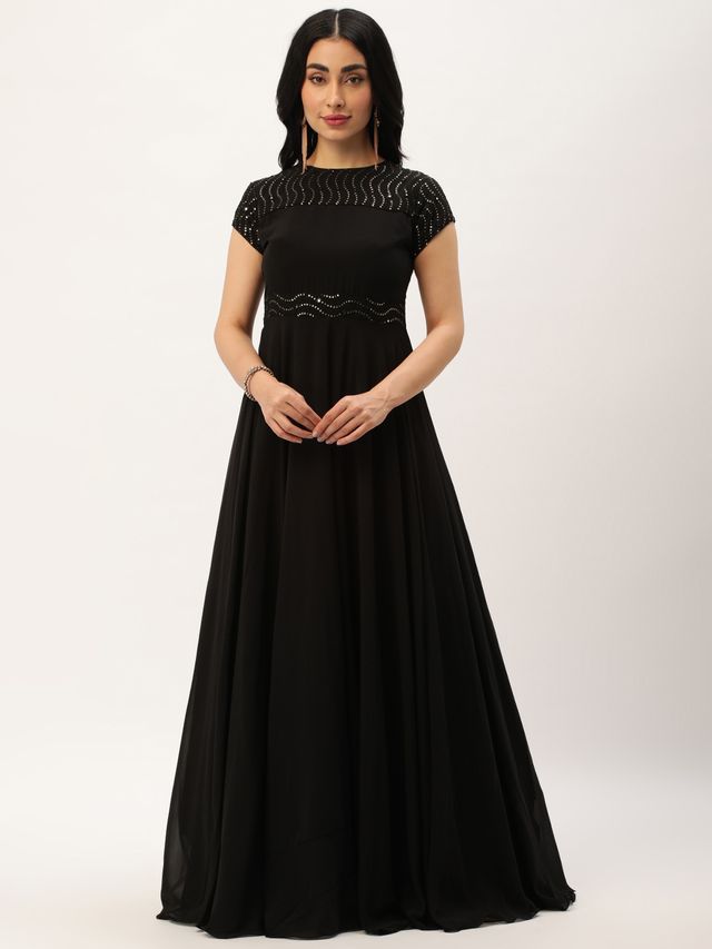 Bollywood Vogue Ready To Wear Black Georgette Embroidered Flared Gown