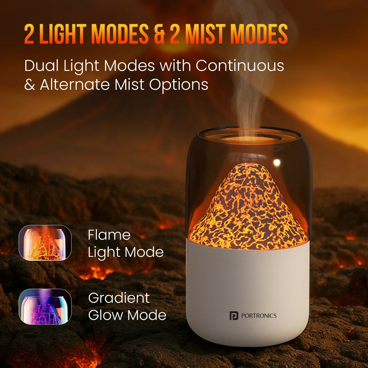 Portronics Magma 2-in-1 Volcano Water Mist Humidifier & Night Lamp, Type-C Powered, Dual Mist & Light Modes, Skin Hydration & Easy Breathing