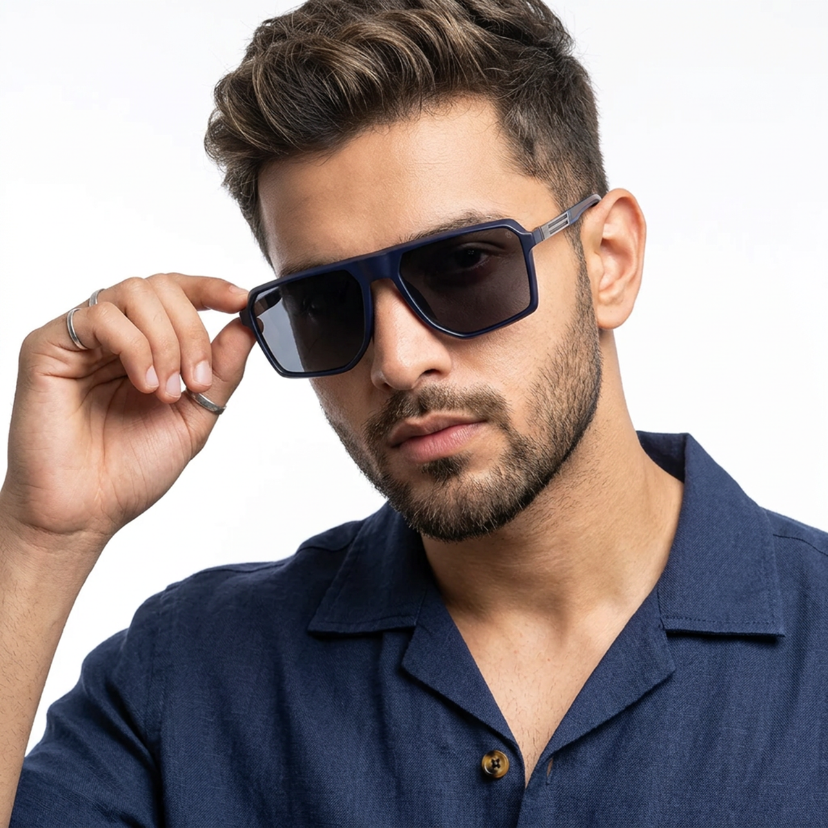 Eyejack Blue Wayfarer Sunglasses for Men and Women - Style 1135 - worn by a male model (image 1)
