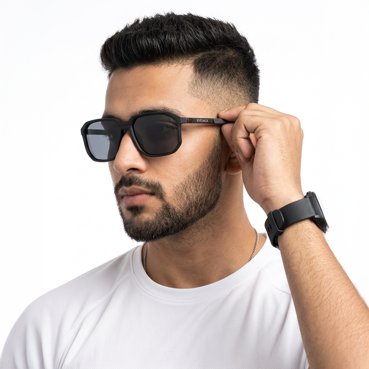 Eyejack Black Wayfarer Sunglasses for Men and Women - Style 1137 - worn by a male model (image 1)