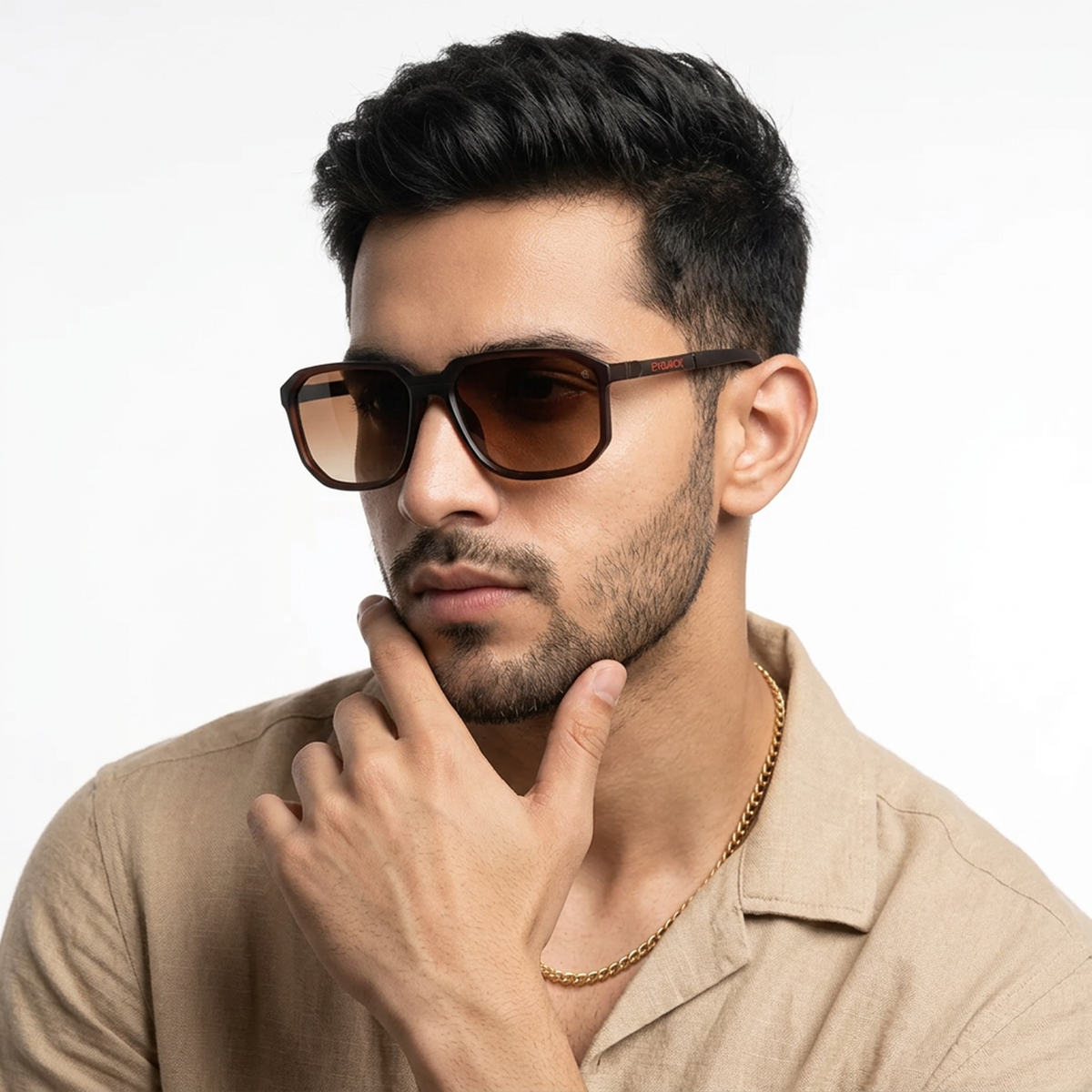 Eyejack Brown Wayfarer Sunglasses for Men and Women - Style 1139 - worn by a male model (image 1)
