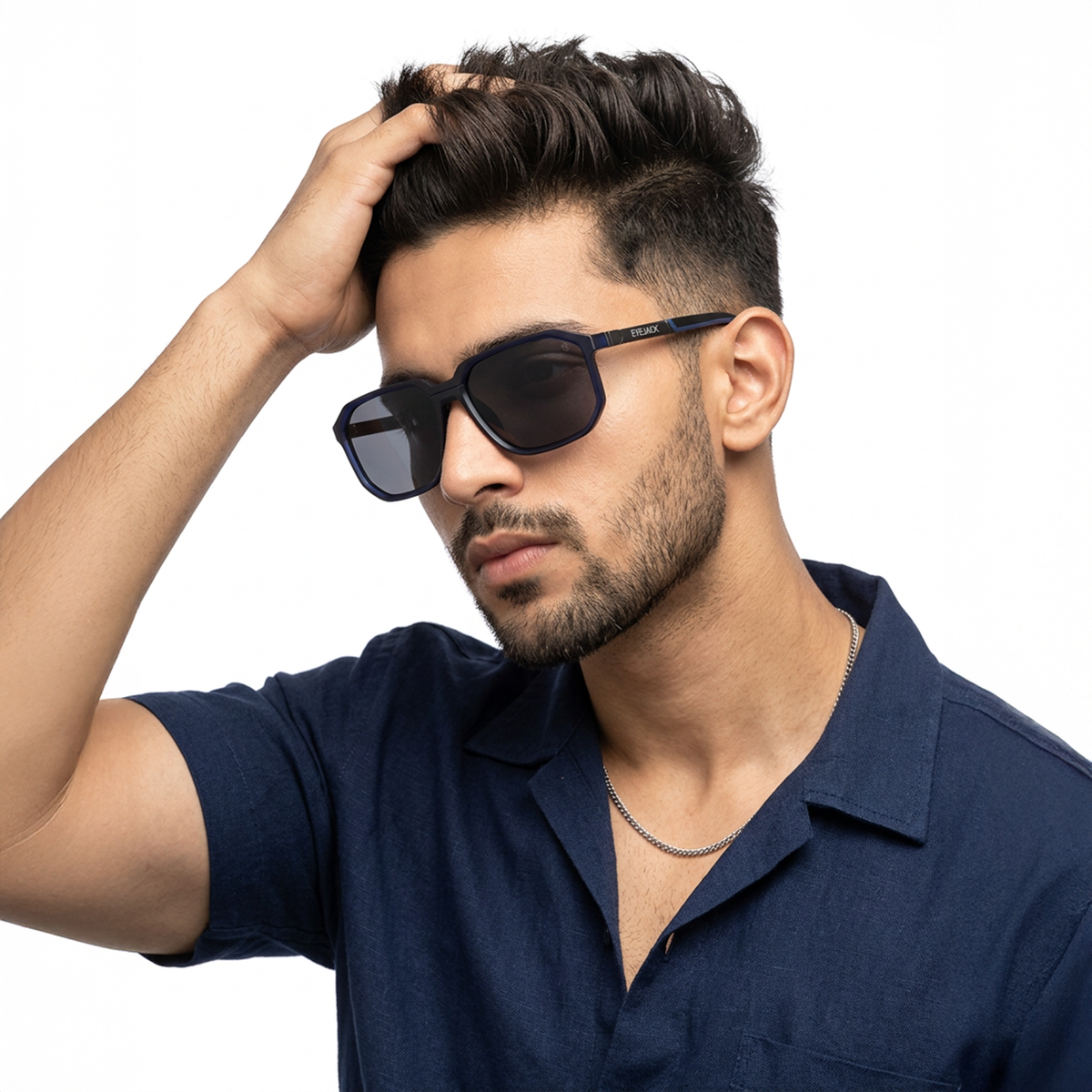 Eyejack Blue Wayfarer Sunglasses for Men and Women - Style 1140 - worn by a male model (image 1)