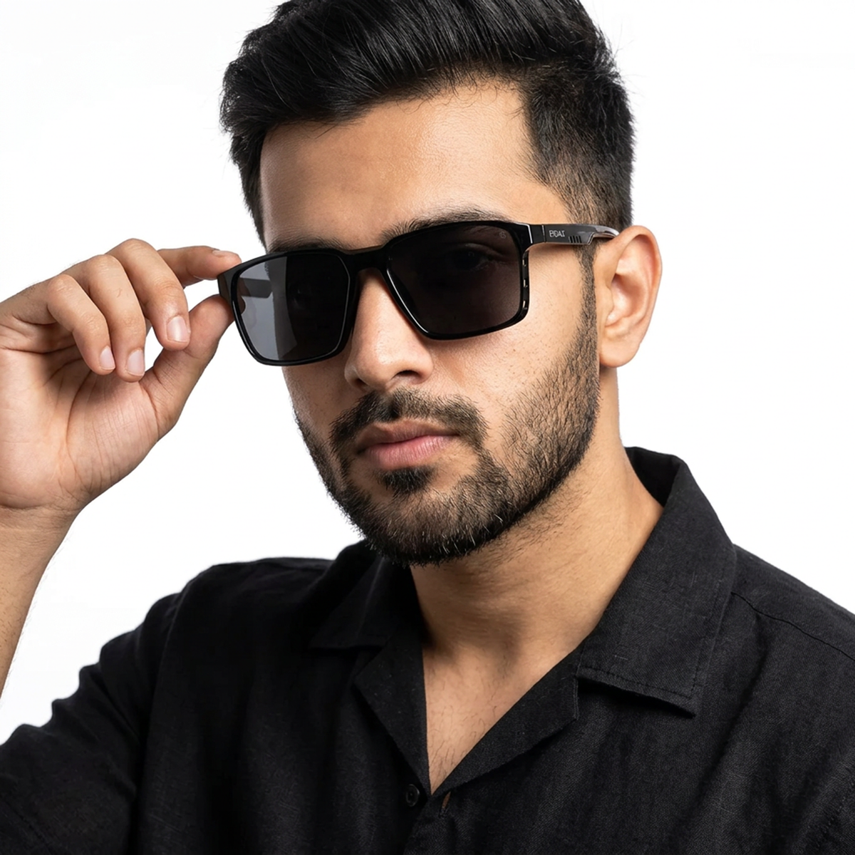 Eyejack Black Square Sunglasses for Men and Women - Style 1147 - worn by a male model (image 1)