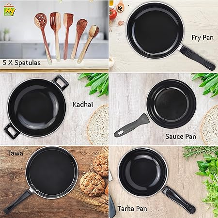 MY STORE Seasoned 10-Piece Non-Stick Iron Cookware Set – Tawa | Kadhai | Fry Pan | Sauce Pan | Tadka Pan with Wooden Spatulas – Professional Kitchenware for Home, Outdoor Camping