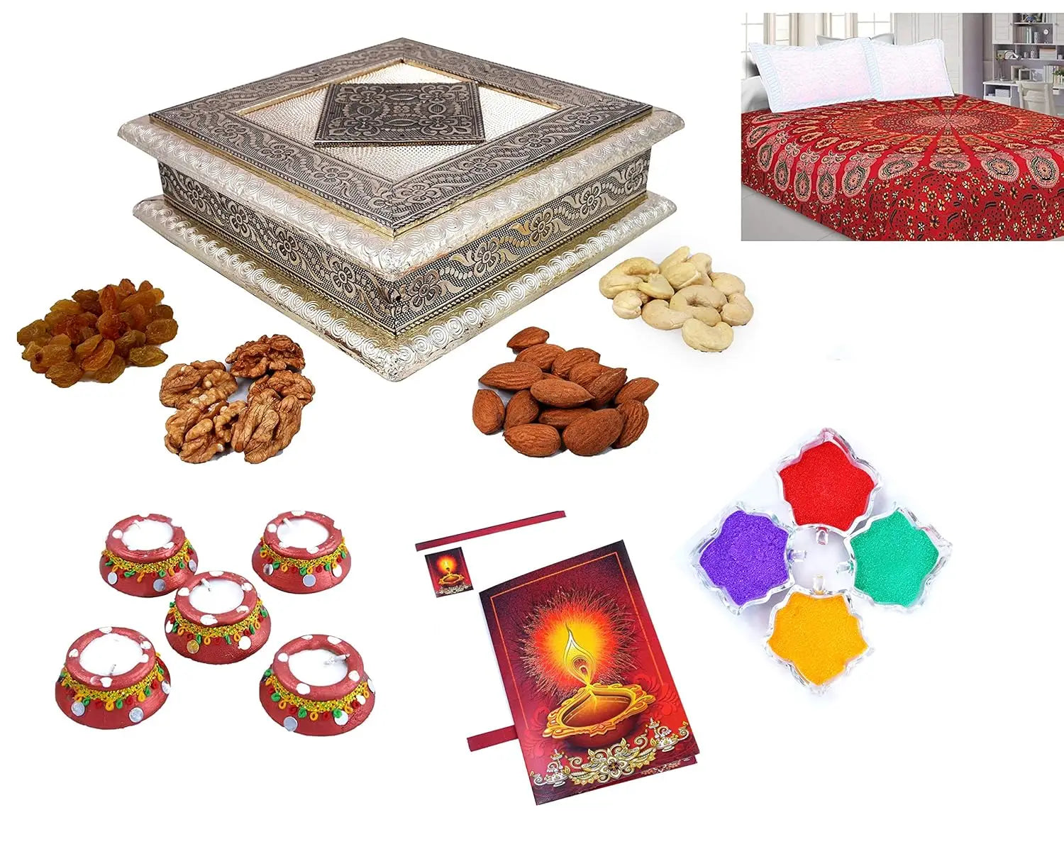 Diwali Dry Fruit Gift Pack with Mandala Bedsheet & Festive Essentials mantouss