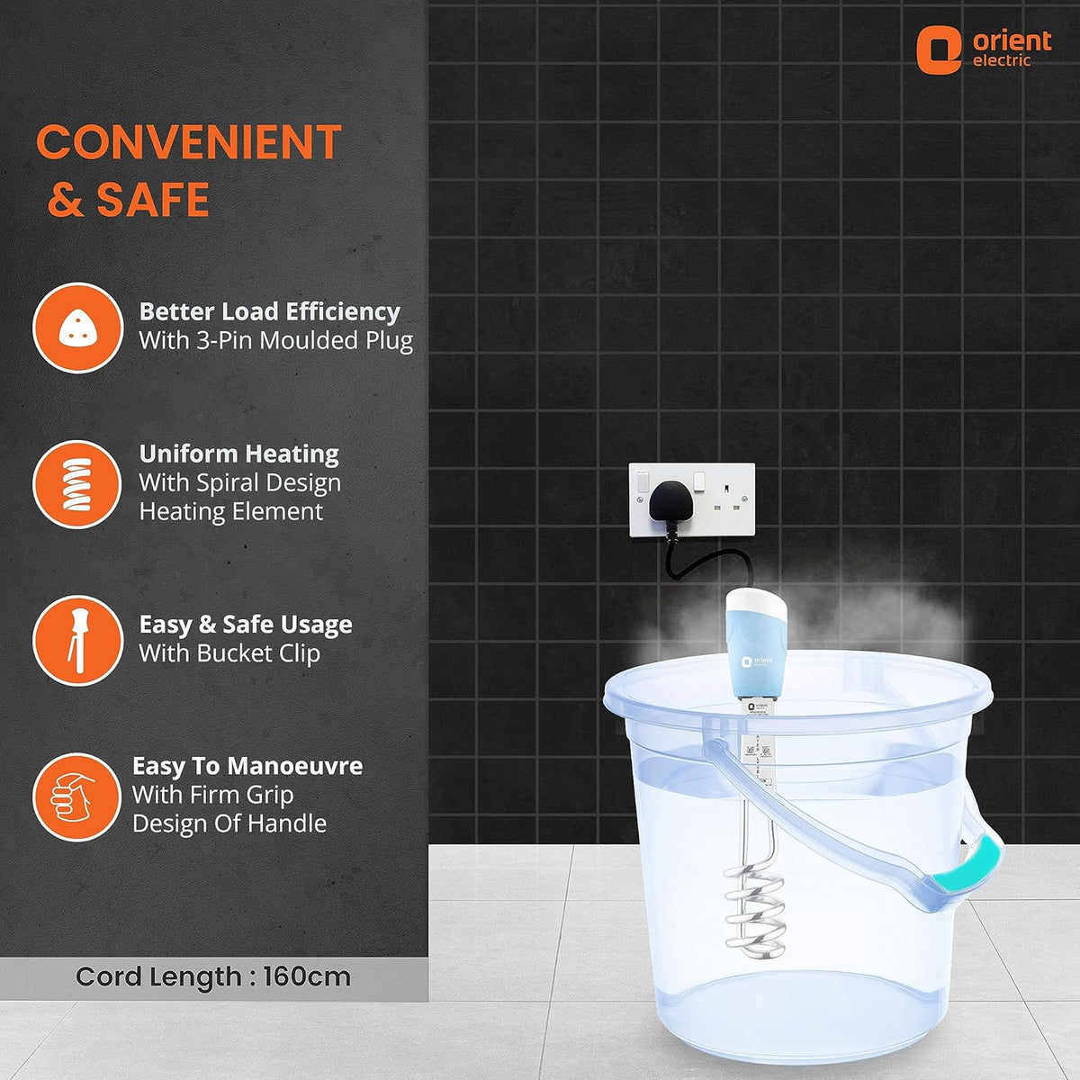Orient Electric Arc Plus 1.5kw, Immersion water heater 100% shock proof body,Heavy copper element With Bucket clip| ISI certified