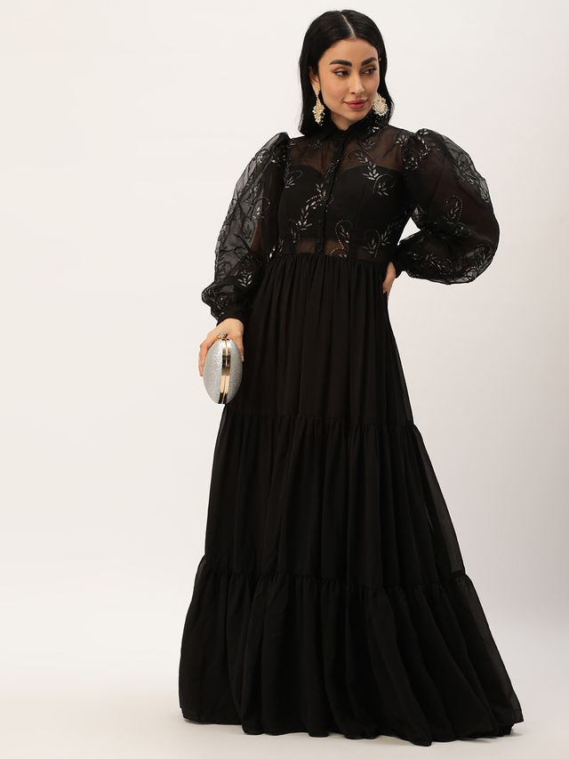 Bollywood Vogue Ready To Wear Black Embroidered Organza Tiered Style Gown