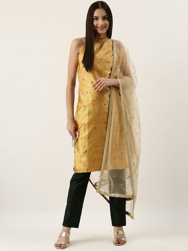 Bollywood Vogue Ready To Wear Green N Yellow Straight Pant Suit With Dupatta