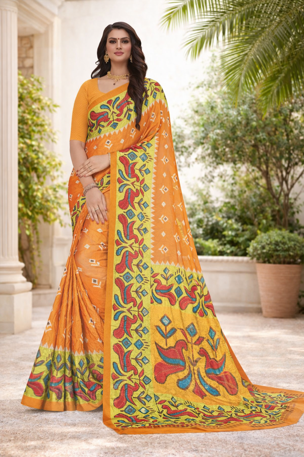 Fancy Kalamkari Crush Crepe Georgette Saree with Designer Jhalar Border Kalyani silks and sarees