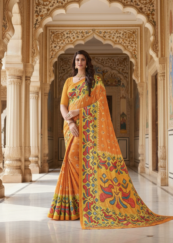 Fancy Kalamkari Crush Crepe Georgette Saree with Designer Jhalar Border Kalyani silks and sarees