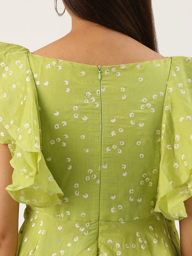Bollywood Vogue Ready To Wear Green Blended Cotton Foil Printed Ruffled Dress