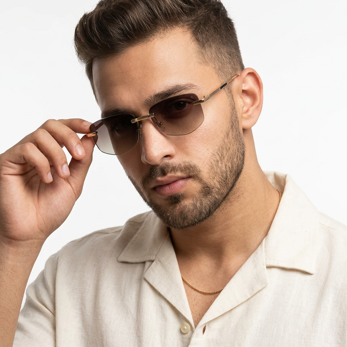 Essence Royal Golden Rimless Sunglasses for Men and Women - Style 2543 - worn by a male model (image 1)