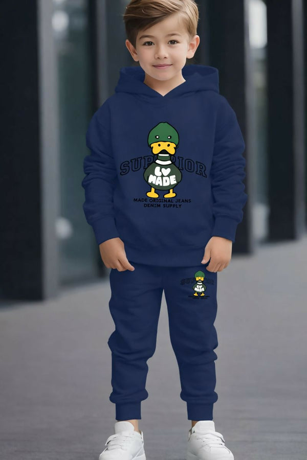 Boys Navy Blue Hoodie & Jogger Set with Cartoon Print Luck Fashion