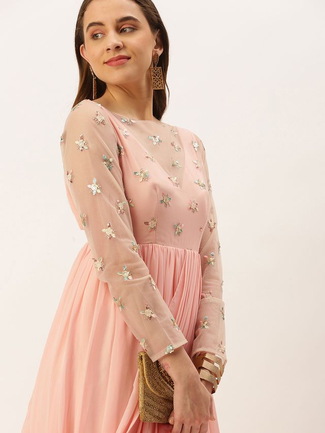 Bollywood Vogue Ready To Wear White Net Embroidered Peach Georgette Gown