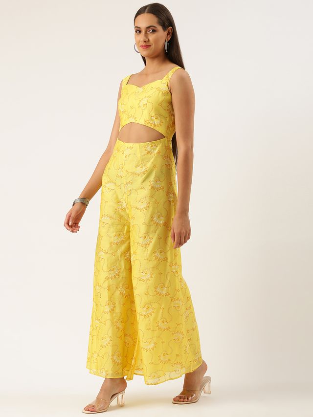 Bollywood Vogue Ready To Wear Yellow Foil Printed Jumpsuit