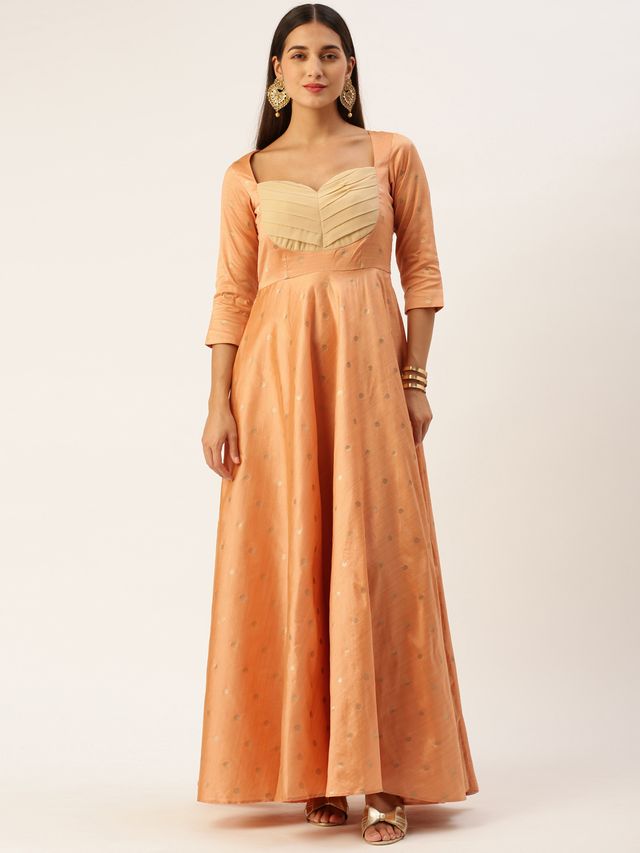 Bollywood Vogue Ready To Wear Peach Art Silk Jacquard Pleated Yoke Gown