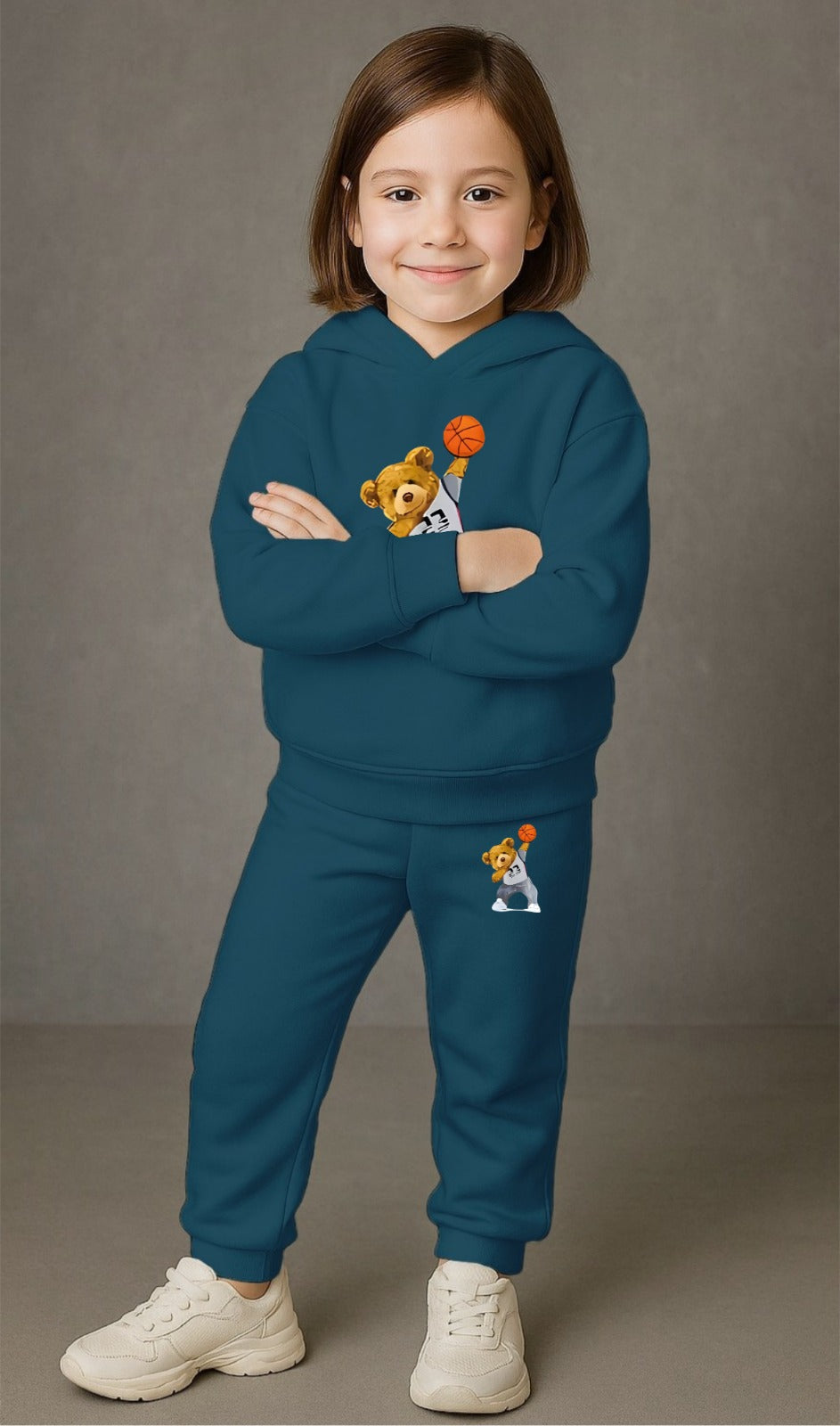 Girls' Blue Cotton Hoodie & Jogger Set – Stylish Printed Sportswear Luck Fashion