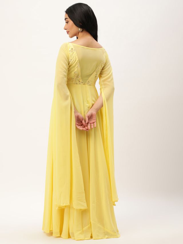 Bollywood Vogue Ready To Wear Yellow Net Embroidered Indowestern Set